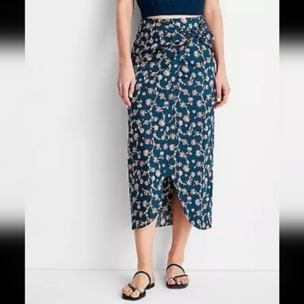 Wrap Floral Midi Skirt in Navy and Rust